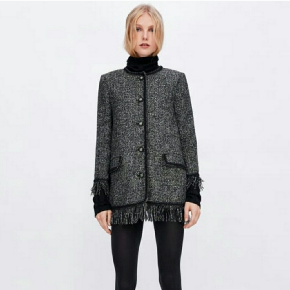 ZARA WOMEN BLACK TWEED JACKET WITH METALLIC THREAD SIZE XS - Picture 2 of 9